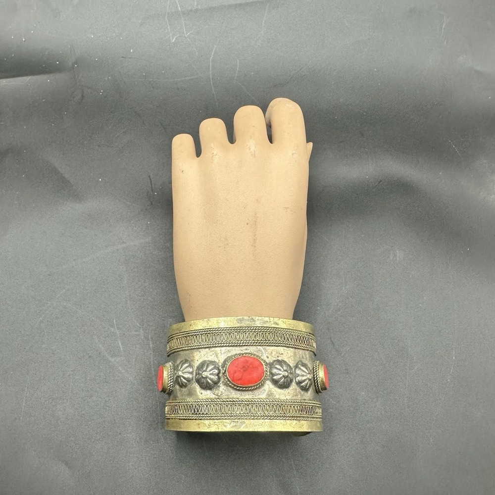Antique Turkmen Tekle Bilezic Silver Gold Carnelian Cuff Bracelet 6" 50 grams
